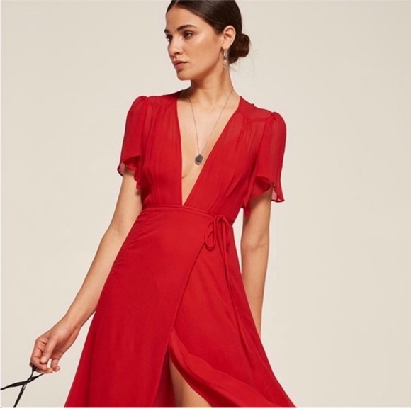 Reformation deep V-neck red wrap dress - Picture 3 of 6